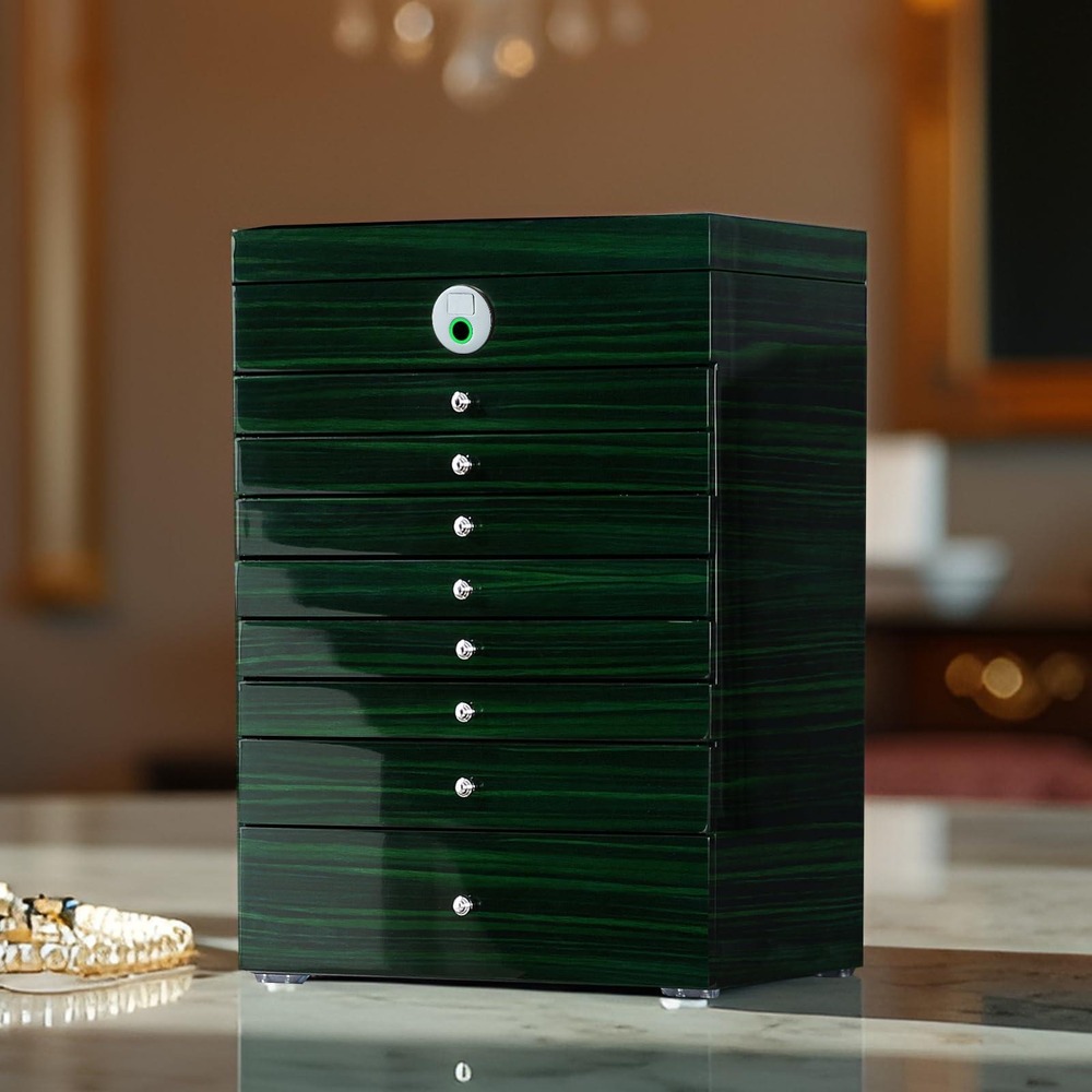 SYENS Wooden Jewelry Box Fingerprint Lock 9 Drawer Green Gloss FP-JB-9-GR